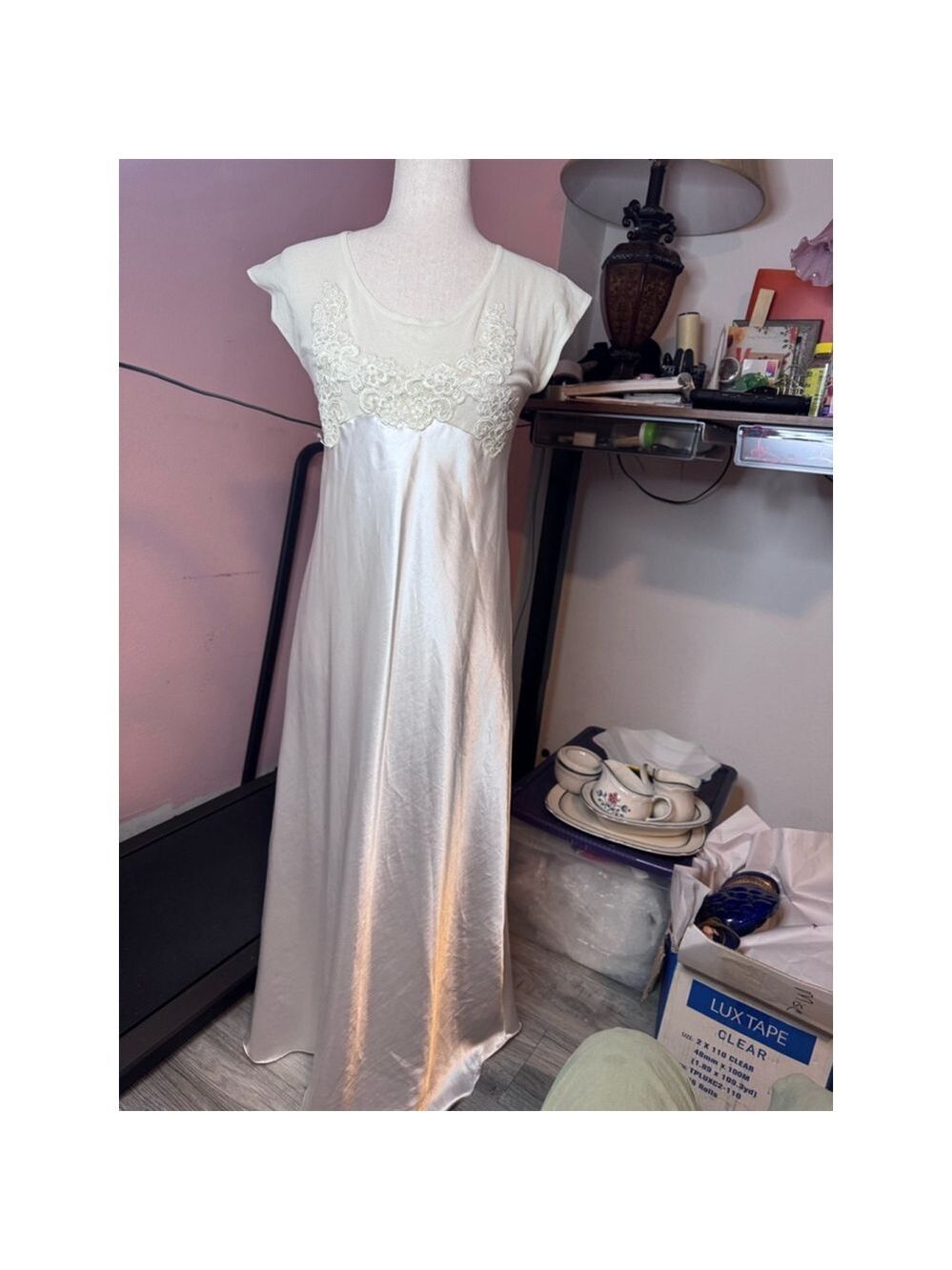 Satin gown cream sz med USA made! Satin bottom top sheer embroidered - Picture 5 of 13